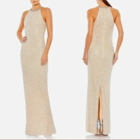 MAC DUGGAL 93742 BEADED HIGH NECK COLUMN NUDE SILVER GOWN sz 12 - Picture 6 of 6